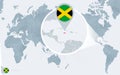 Pacific Centered World map with magnified Jamaica. Flag and map of Jamaica Royalty Free Stock Photo