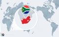 Pacific Centered World map with magnified South Africa. Flag and map of South Africa Royalty Free Stock Photo