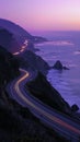 Pacific Coast Highway California with motion lights sunset over the ocean Royalty Free Stock Photo