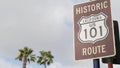 Pacific Coast Highway, historic route 101 road sign, tourist destination in California USA. Lettering on intersection signpost. Royalty Free Stock Photo