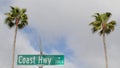 Pacific Coast Highway, historic route 101 road sign, tourist destination in California USA. Lettering on intersection signpost.