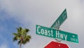 Pacific Coast Highway, historic route 101 road sign, tourist destination in California USA. Lettering on intersection signpost.