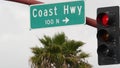 Pacific Coast Highway, historic route 101 road sign, tourist destination in California USA. Lettering on intersection signpost.