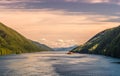 Pacific coast tugboat pulling barge, Principe Channel, British Columbia, Canada.