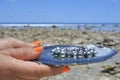 Pacific Islander woman holds Tahitian Black Pearls