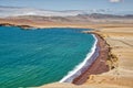 Pacific Ocean meets the desert in Paracas, Peru, with the background of mountains and a blue sky Royalty Free Stock Photo