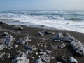 Pacific Ocean, waves and views of the snow-covered hill in winter in sunny weather in Kamchatka, Russia Royalty Free Stock Photo