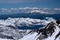 Pacific ring of fire. Spirit Lake and Mount Rainier from Mount Saint Helens summit. Royalty Free Stock Photo