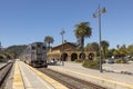 The pacific surfliner train enters the station at Santa Barbara. The surfliner serves the Route San Diego to San Luis Obispo