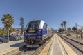 The pacific surfliner train enters the station at Santa Barbara. The surfliner serves the Route San Diego to San Luis Obispo