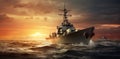 pacific warship in the ocean at sunrise Royalty Free Stock Photo