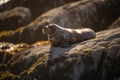 pacifical seal basking in the sun on a rocky shore Royalty Free Stock Photo