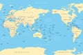 Pacific centered world map, in a cylindrical projection Royalty Free Stock Photo