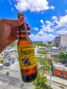 Pacifico beer bottle cityscape caribbean beach panorama Playa del Carmen