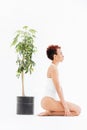 Pacified african american young woman near small tree in pot Royalty Free Stock Photo