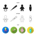 Pacifier, electronic thermometer, children overalls, diaper.Baby born set collection icons in black,flat,outline style