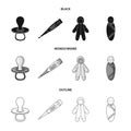 Pacifier, electronic thermometer, children overalls, diaper.Baby born set collection icons in black,monochrome,outline