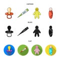 Pacifier, electronic thermometer, children overalls, diaper.Baby born set collection icons in cartoon,black,flat style