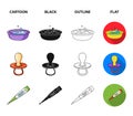 Pacifier, electronic thermometer, children overalls, diaper.Baby born set collection icons in cartoon,black,outline,flat
