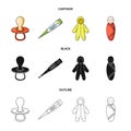 Pacifier, electronic thermometer, children overalls, diaper.Baby born set collection icons in cartoon,black,outline