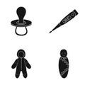 Pacifier, electronic thermometer, children`s overalls, diaper.Baby born set collection icons in black style vector