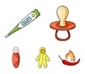 Pacifier, electronic thermometer, children`s overalls, diaper.Baby born set collection icons in cartoon style vector