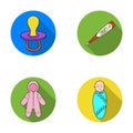 Pacifier, electronic thermometer, children`s overalls, diaper.Baby born set collection icons in flat style vector symbol