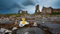 Pacifier inbetween ruins .Dark cloudy sky.