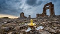 Pacifier inbetween ruins .Dark cloudy sky. Royalty Free Stock Photo