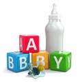 Pacifier, Milk in bottle and buzzword blocks with word baby. Royalty Free Stock Photo