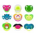 Pacifier vector baby soother child nipple and kids rubber nipple illustration set of cartoon comforter to pacify newborn