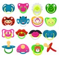 Pacifier vector baby soother child nipple and kids rubber nipple illustration set of cartoon comforter to pacify newborn