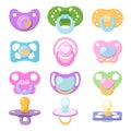 Pacifier vector baby soother child nipple and kids rubber nipple illustration set of comforter to pacify newborn Royalty Free Stock Photo