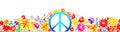 Pacifist symbol of peace with flowers and butterflies in the background, white banner