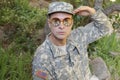 Pacifist wearing army soldier and peace sign eyeglasses Royalty Free Stock Photo