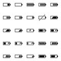 A pack of battery-related icons. Pure energy, electricity and charge thematic. Royalty Free Stock Photo