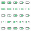 A pack of battery-related icons. Pure energy, electricity and charge thematic. Royalty Free Stock Photo