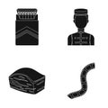 A pack of cigarettes, staff and other web icon in black style. meatloaf, film icons in set collection. Royalty Free Stock Photo