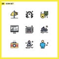 Pack of 9 creative Filledline Flat Colors of programing, design, internet of things, coding, circus