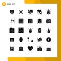 Pack of 25 creative Solid Glyphs of startup, rocket, color, love location, heart location