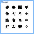 Pack of 16 creative Solid Glyphs of traffic, meter, music, shopping, monitor