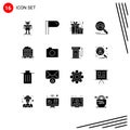 User Interface Pack of 16 Basic Solid Glyphs of wheel, barrow, present, cart, search