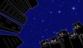 A pack of cute black cats in the city. City against the starry night sky. Royalty Free Stock Photo