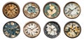 Pack of Damaged wall clocks set against transparent background for timekeeping issues clock repair themes or electronic Royalty Free Stock Photo