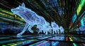 Digital Wolves Pack Running in Futuristic Neon Digital Tunnel with Binary Code Royalty Free Stock Photo