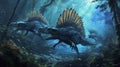 A pack of dimetrodons use their unique saillike fins to navigate the dark forest their sharp teeth d as they hunt for Royalty Free Stock Photo