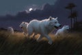 A pack of dire wolves their white fur glowing in the moonlight chasing after an unsuspecting mouse across a grassy plain Royalty Free Stock Photo