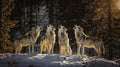 A pack of four wolves howling in the snow in a forest Royalty Free Stock Photo