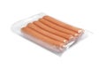 Pack of fresh raw sausages isolated on white. Ingredients for hot dogs Royalty Free Stock Photo