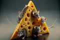 A pack of gray mice and a piece of cheese on the kitchen table